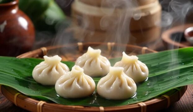Steaming Indian Modak Sweet Dumplings on Banana Leaf