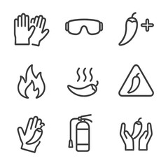 Fototapeta premium Chili Safety Icon Set. Outline icon set of chili safety and warnings: gloves, eye protection, first aid, flame icon, heat hazard,
