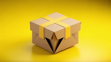 Obraz premium Securely packaged cardboard box secured with vibrant yellow tape, ready for shipping and delivery