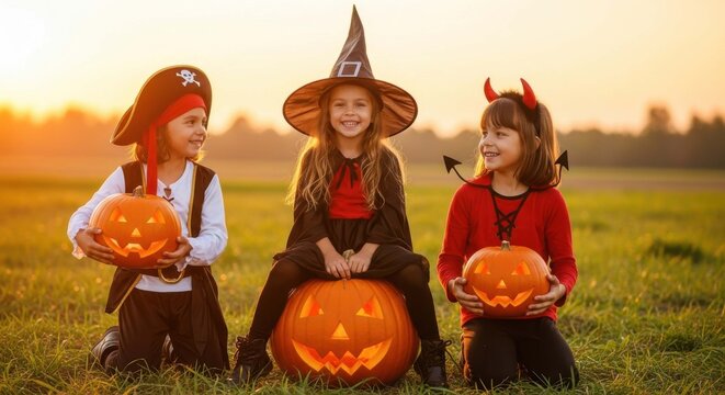 Three happy young girls in halloween costumes holding carved pumpkins at sunset in a field