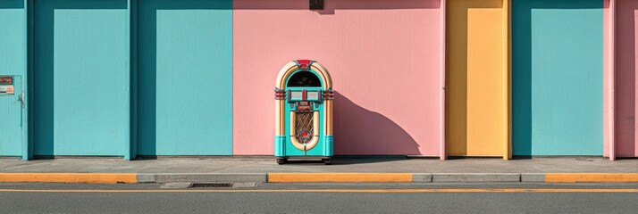 Retro jukebox sits against colorful building exterior