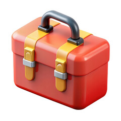 A bright red toolbox with yellow straps and a black handle presented as a 3d render isolated on transparent background