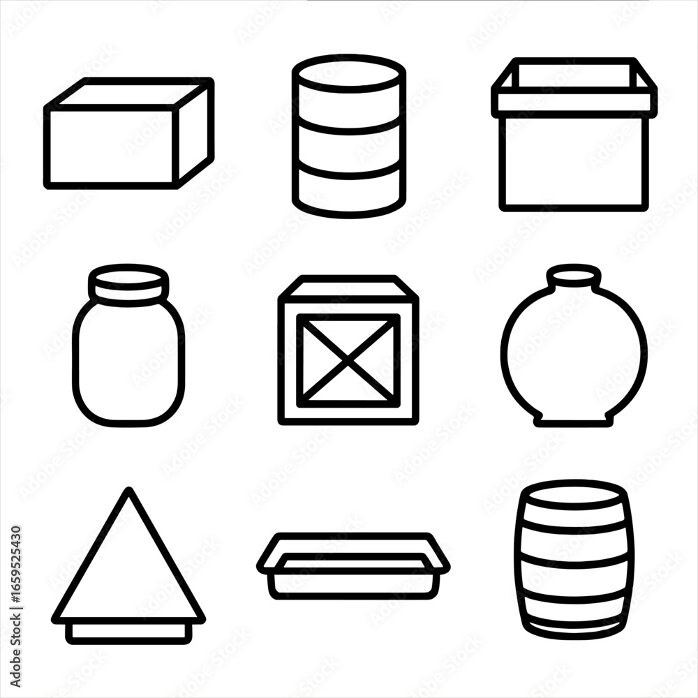 Poster container icon set. outline icon set of container shapes: rectangular box, cylindrical drum, square 