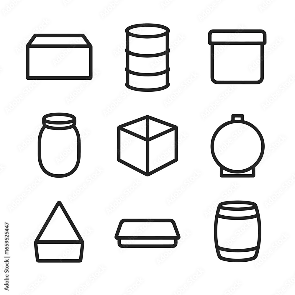 Poster container icon set. outline icon set of container shapes: rectangular box, cylindrical drum, square 