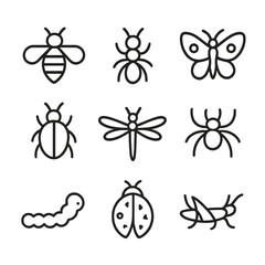 Forest Insect Icons. Outline icon set of forest insects: bee, ant, butterfly, beetle, dragonfly, spider, caterpillar, ladybug,