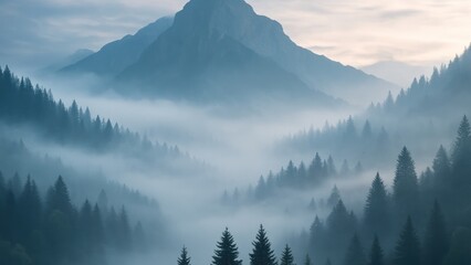 Obraz premium Misty mountain landscape with trees.