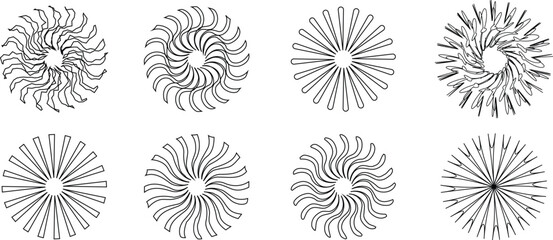 Sun burst set in line styles. Collection and group of sunshine rays, starburst, radial light beams, shining effect, abstract sunlight vector symbols for design and decoration.
