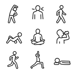 Cool-Down Activity Icons. Outline icon set of cool-down activities: stretching, deep breathing, walking, foam rolling, meditation,