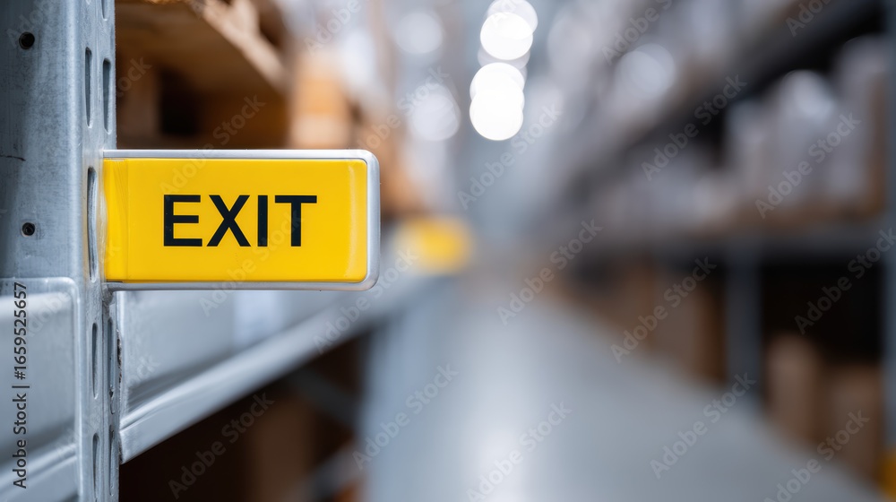 Poster warehouse aisle with yellow exit sign ensures safety and clear direction for workers in industrial s