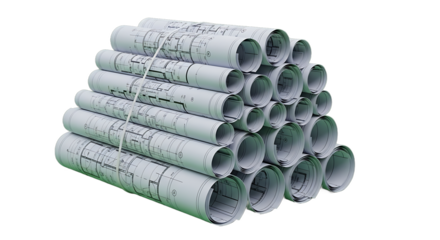 Stack of rolled architectural blueprints.