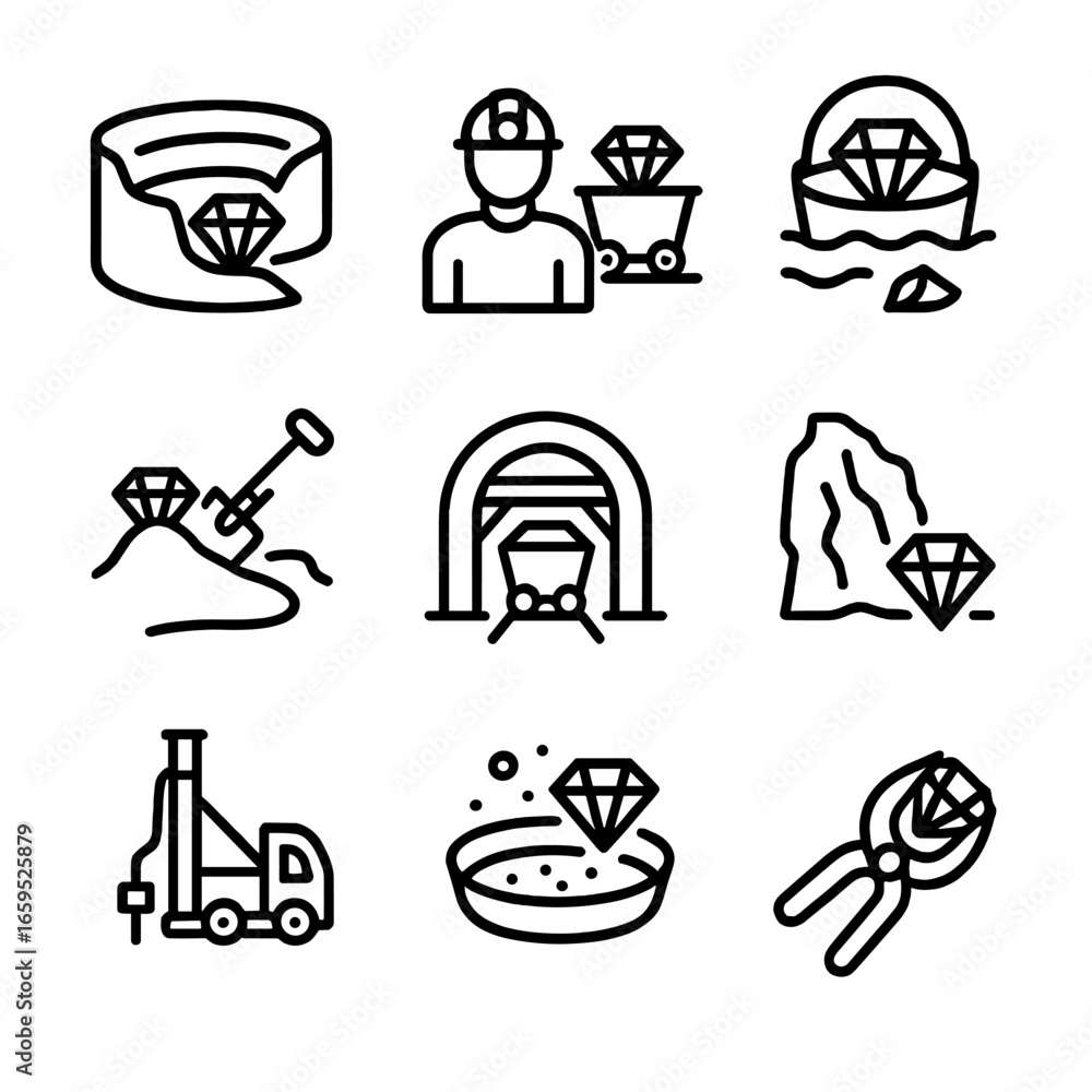 Poster gemstone mining icons. outline icon set of gemstone mining: open pit mining, underground mining, pla