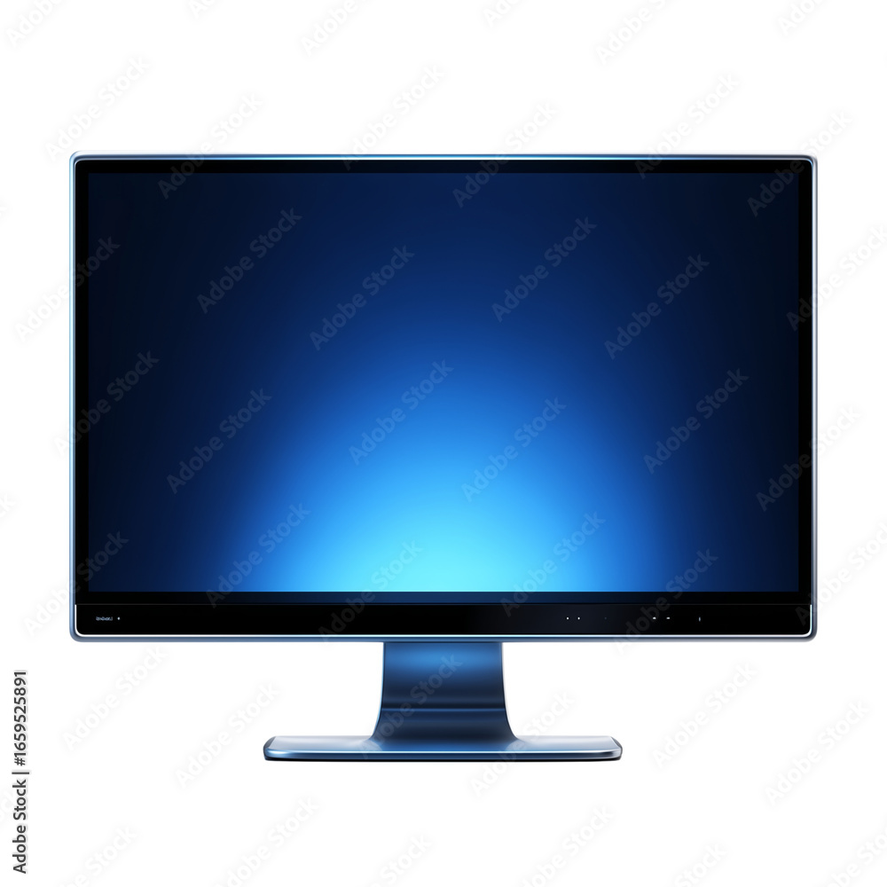 Poster modern flat screen computer monitor displaying a bright blue gradient light isolated on transparent 