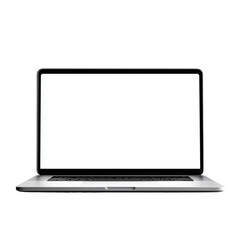 Modern silver laptop computer with blank white screen isolated on transparent background