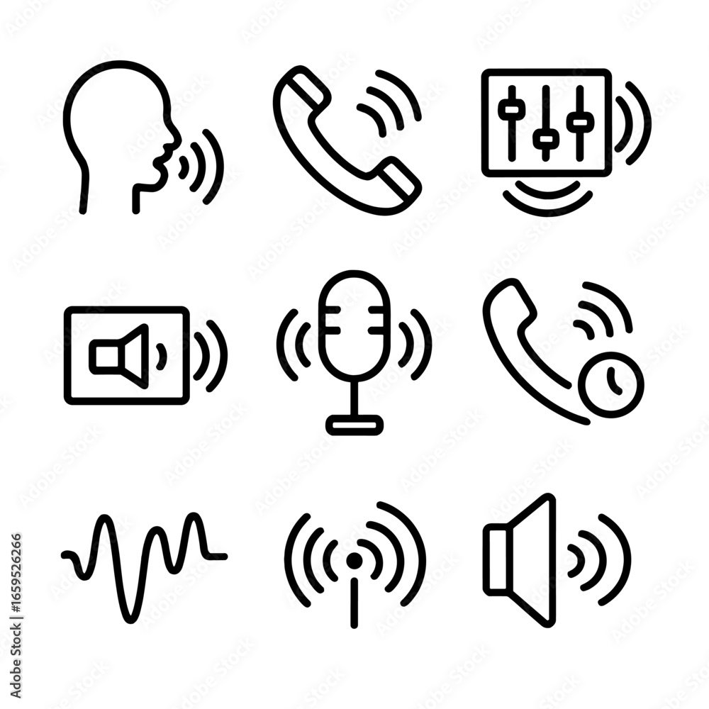 Poster echo icon set. outline icon set of echo in communication: voice echo, phone echo, audio feedback, sp