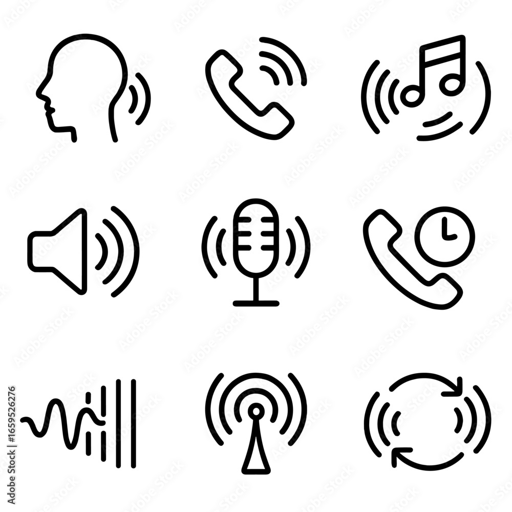 Poster echo icon set. outline icon set of echo in communication: voice echo, phone echo, audio feedback, sp