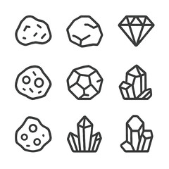 Mineral Outline Icons. Outline icon set of mining minerals: gold nugget, coal, diamond, iron ore, copper ore, silver, bauxite,