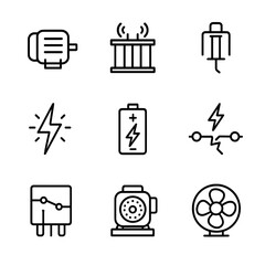 Electrical Machine Icons. Outline icon set of electrical machine noise: electric motor, transformer hum, solenoid click, spark,