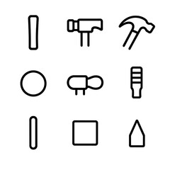 Hammer Parts Icons. Outline icon set of hammer parts: handle, head, claw, face, peen, grip, shaft, striking surface, wedge. Line