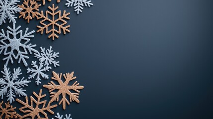 Golden and Silver Snowflake Backgrounds Intricate golden and silver snowflakes over a gradient dark background, symbolizing holiday elegance.