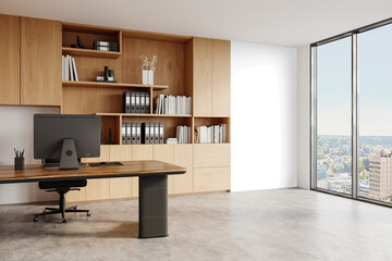 Stylish Modern Office Interior with Desk and Wooden Bookshelves – PNG Transparent Cutout with Shadow