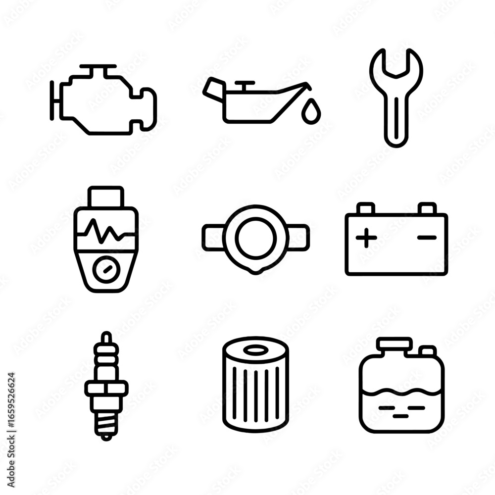 Poster engine diagnostics icons. outline icon set of engine diagnostics and maintenance: check engine light