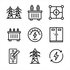 Energy Transmission Icons. Outline icon set of energy transmission: power lines, transformer, electrical grid, substation, voltage