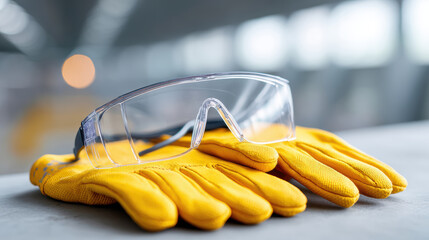 Safety glasses yellow inspection gloves protective equipment workplace safety industrial environment clear lens personal protection closeup professional secure