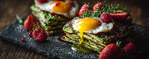 Savory green pancakes topped with fried eggs, fresh strawberries, raspberries, and pomegranate seeds