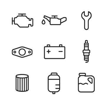 Engine Diagnostics Icons. Outline icon set of engine diagnostics and maintenance: check engine light, oil can, wrench, diagnostic