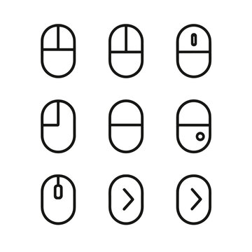 Mouse Button Icons. Outline icon set of mouse buttons: left click, right click, middle click, side button 1, side button 2, DPI