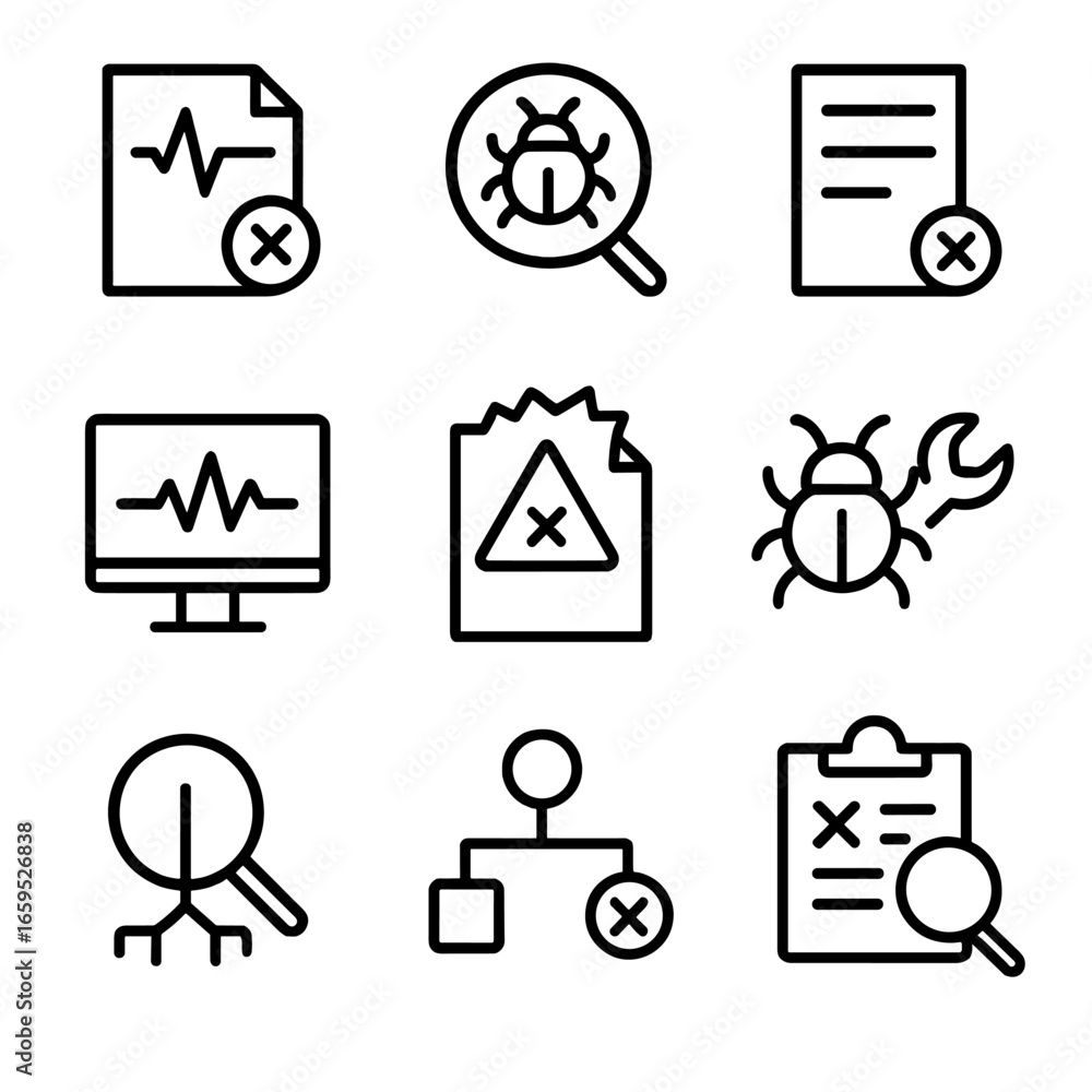 Aufkleber failure analysis icons. outline icon set of failure analysis tools: diagnostic test, bug tracker, lo