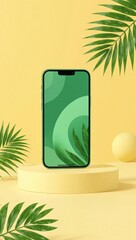 Smartphone Oasis: A sleek smartphone, resting on a pedestal amidst a serene display, with a captivating nature-themed backdrop and subtle hints of botanical flair, creating a stylish.