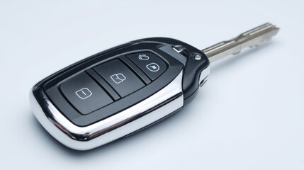 Single shiny car key with black plastic remote, centered and isolated on white background, clean studio lighting, suitable for automotive services and leasing ads