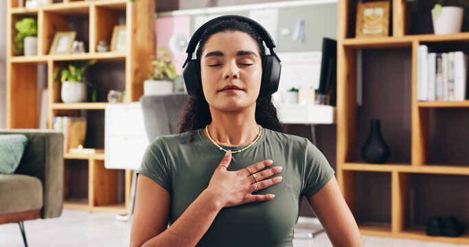 Woman, relax and audio therapy with headphones for zen, breathing exercise or technique in home. Female person, yoga and relaxation with sound in meditation for inner peace, mindfulness or balance - Powered by Adobe