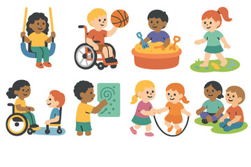 Inclusive Playtime Illustrations. Flat vector mini-illustrations of inclusive playtime in colors children's