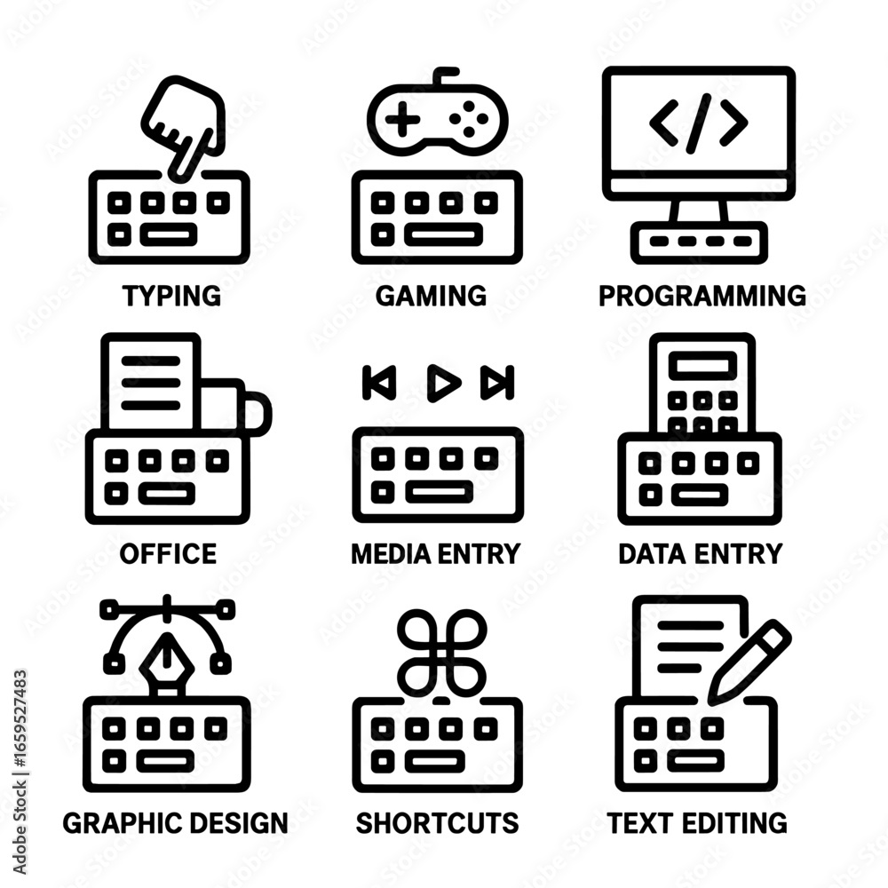 Poster keyboard use cases icons. outline icon set of keyboard use cases: typing, gaming, programming, offic