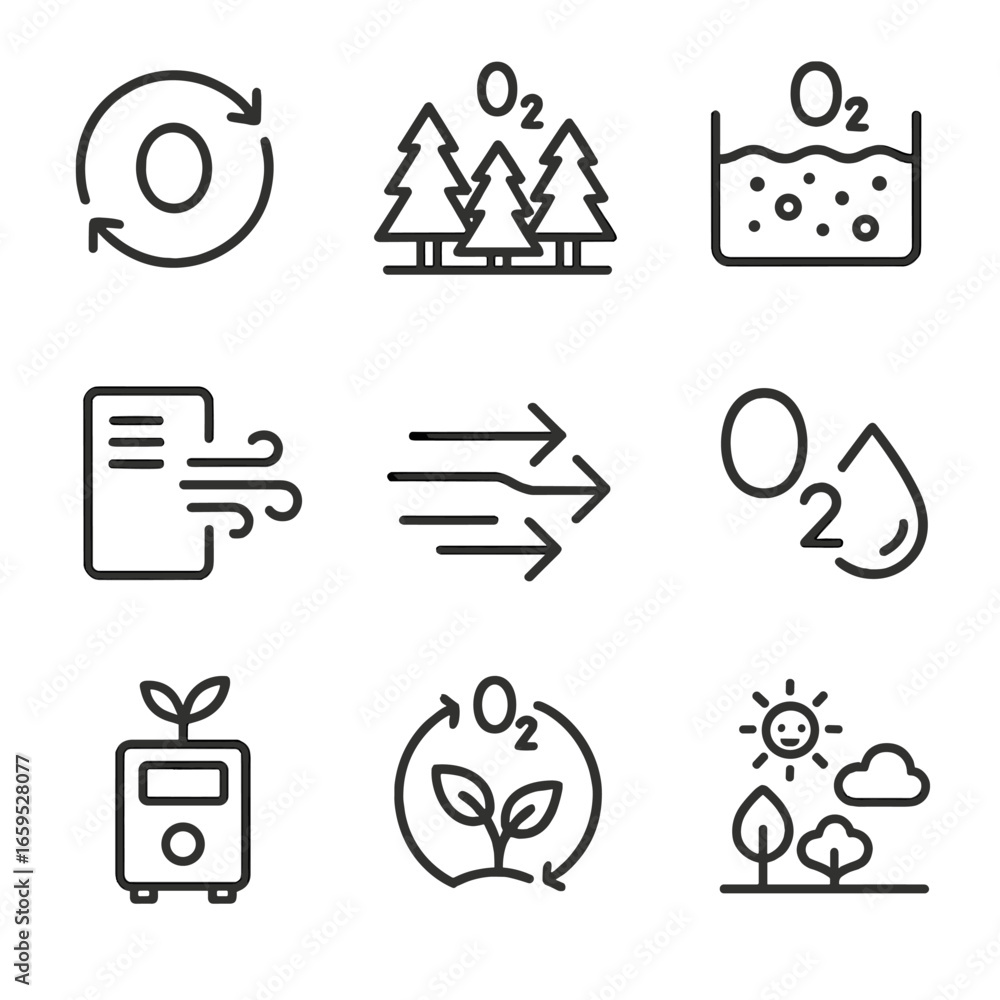 Poster oxygen and environment icons. outline icon set of oxygen and environment: oxygen cycle, forest with 