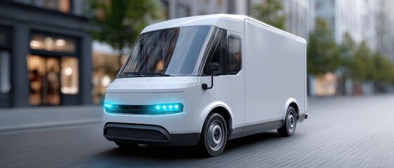 Futuristic electric delivery van driving on city street, symbolizing eco-friendly logistics, green transportation, and sustainable urban mobility for modern supply chain and courier services.