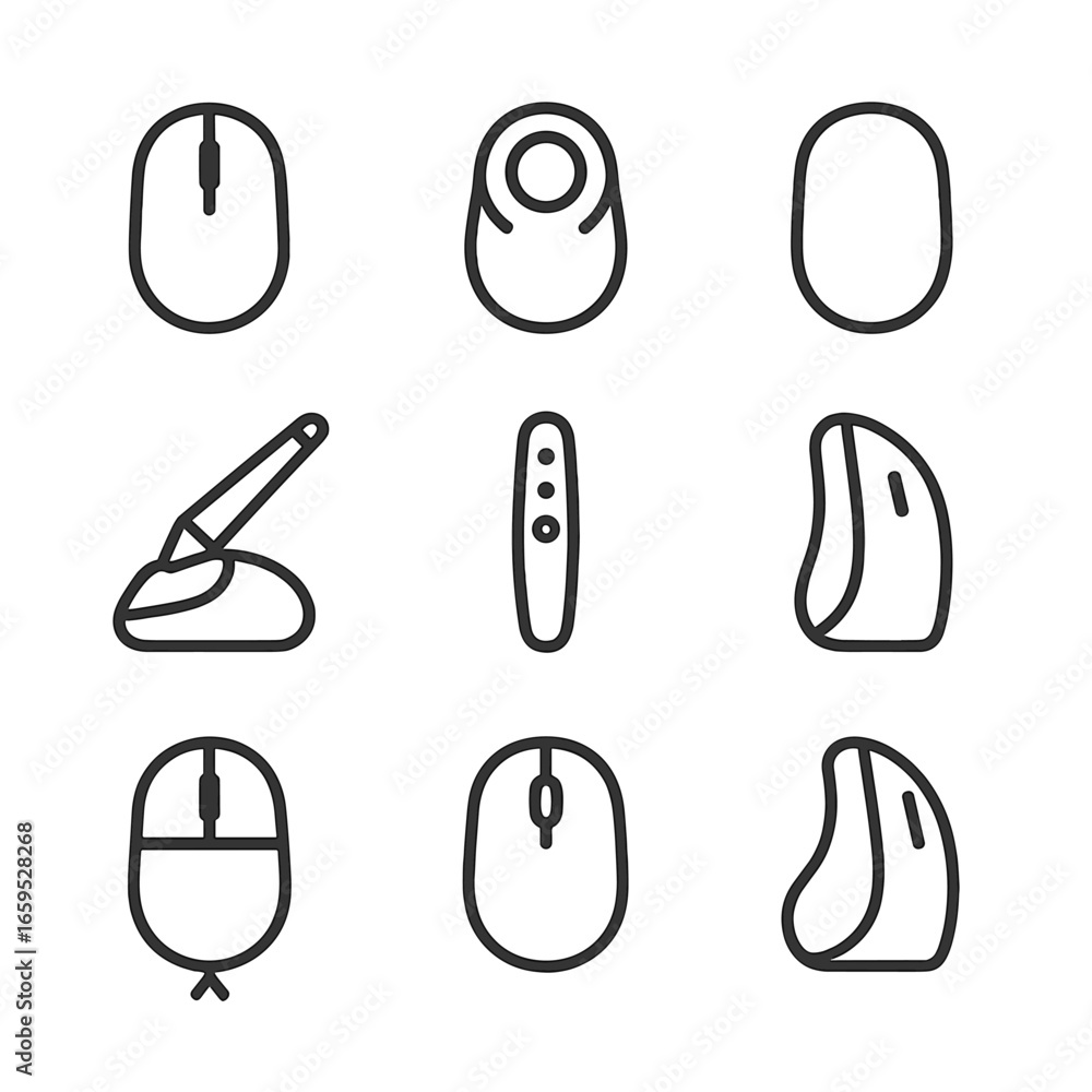 Poster mouse icon set. outline icon set of mouse types: standard mouse, trackball, touch mouse, stylus mous