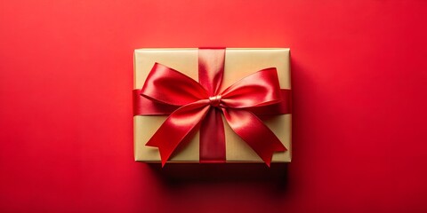 Elegant Gold Gift Box with Red Satin Ribbon on a Red Background