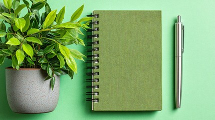 Green notebook with pen and plant on green background for mockup