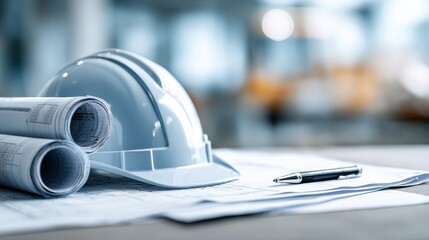 Blueprint of Progress: A construction site scene with a blueprint plan, hard hat, and pen. Symbolic of project planning and execution, evoking precision and meticulous work.  Generative AI