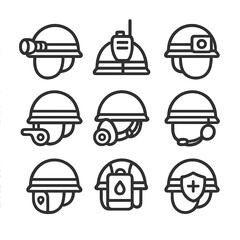 Fototapeta premium Helmet Gear Icons Set. Outline icon set of helmet emergency gear: helmet flashlight, helmet radio, helmet camera, helmet whistle,