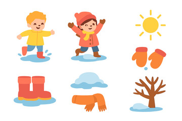 Kids Enjoying Spring Showers. Flat vector mini-illustrations children playing in puddles in colors children's