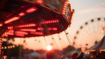 Blurred Carousel at Sunset with Ferris Wheel in Background