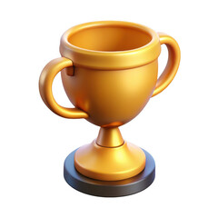 Golden trophy with two handles and a wide opening standing on a dark base isolated on transparent background