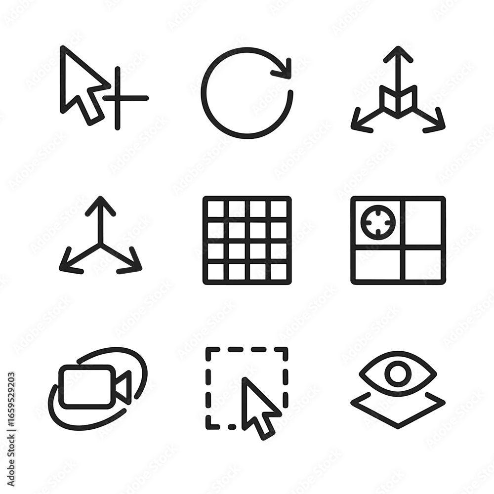 Aufkleber 3d interface icon set. outline icon set of 3d user interface: 3d cursor, rotation handle, scale gizm