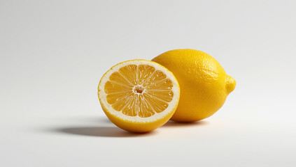 Fresh Lemon and Lemon Half on White Background