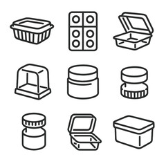 Polycarbonate Packaging Icons. Outline icon set of polycarbonate packaging: food container, blister pack, clamshell box, display