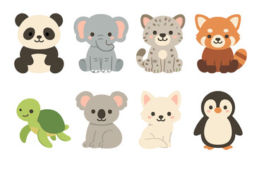Precious Animal Icons. Flat vector mini-illustrations precious animals in colors children's illustrations: panda, baby elephant,